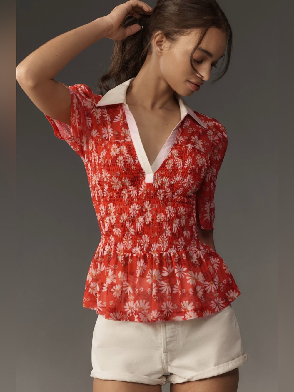 Maeve Anthropologie Short-Sleeve Red Floral Smocked Polo Top Women’s Size Small